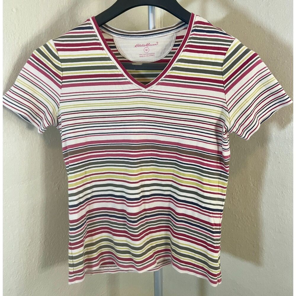 Vintage Eddie Bauer Striped V-Neck T-Shirt 100% Cotton  Y2K Size M